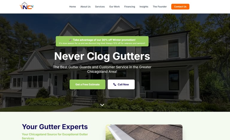 Never Clog Gutters website homepage showing a residential house with gutter services promotion and call-to-action buttons
