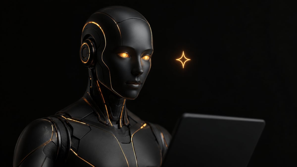 Sleek black and gold android robot with glowing eyes and headphones, facing slightly left against a dark background with a sparkle effect nearby