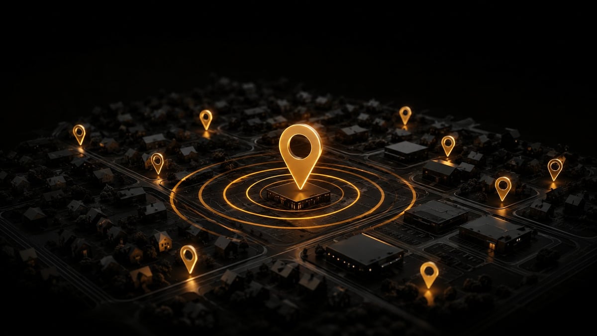 Golden location pins with concentric circles on a dark circuit board map, representing GPS navigation and network connectivity
