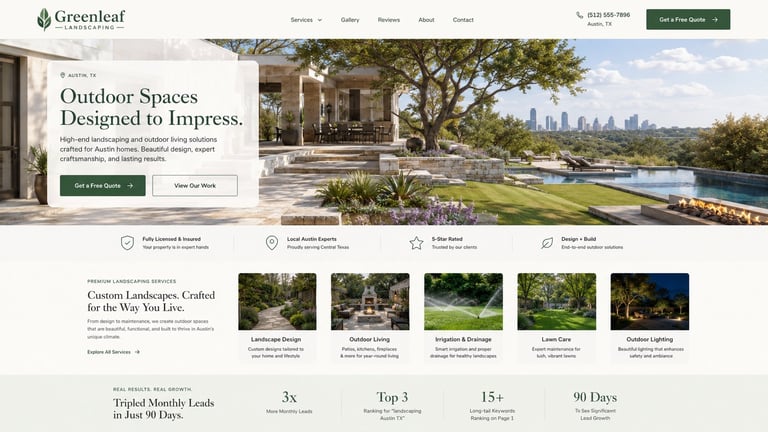 Greenleaf Landscapes website homepage showing luxury outdoor spaces with patio, landscaping, and waterfront views