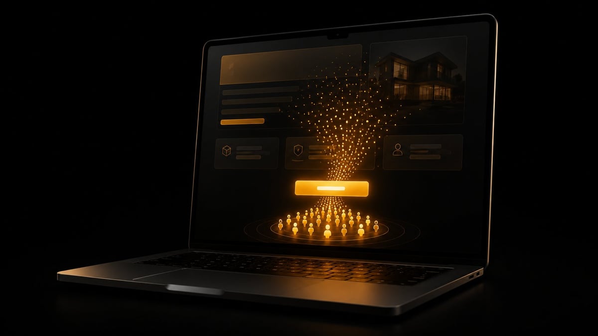 Laptop displaying a dark interface with glowing golden lights and particles, suggesting a luxury or premium application design