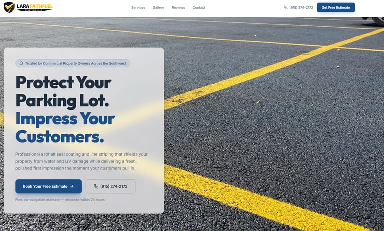 Parking lot with yellow line markings and overlay box reading Protect Your Parking Lot. Impress Your Customers with call-to-action button