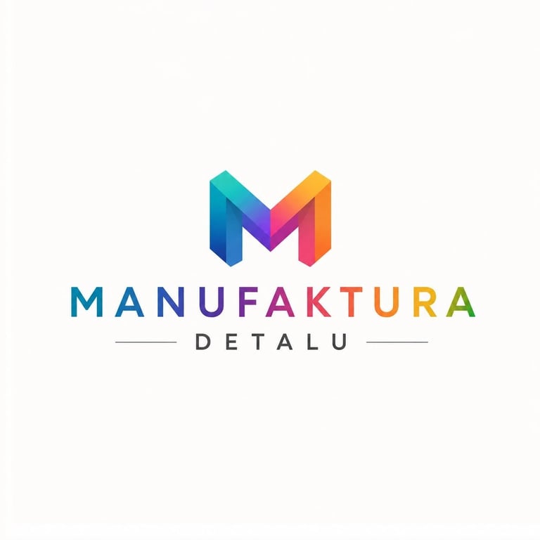Manufaktura Detalu logo with colorful 3D letter M in teal, purple and orange above company name