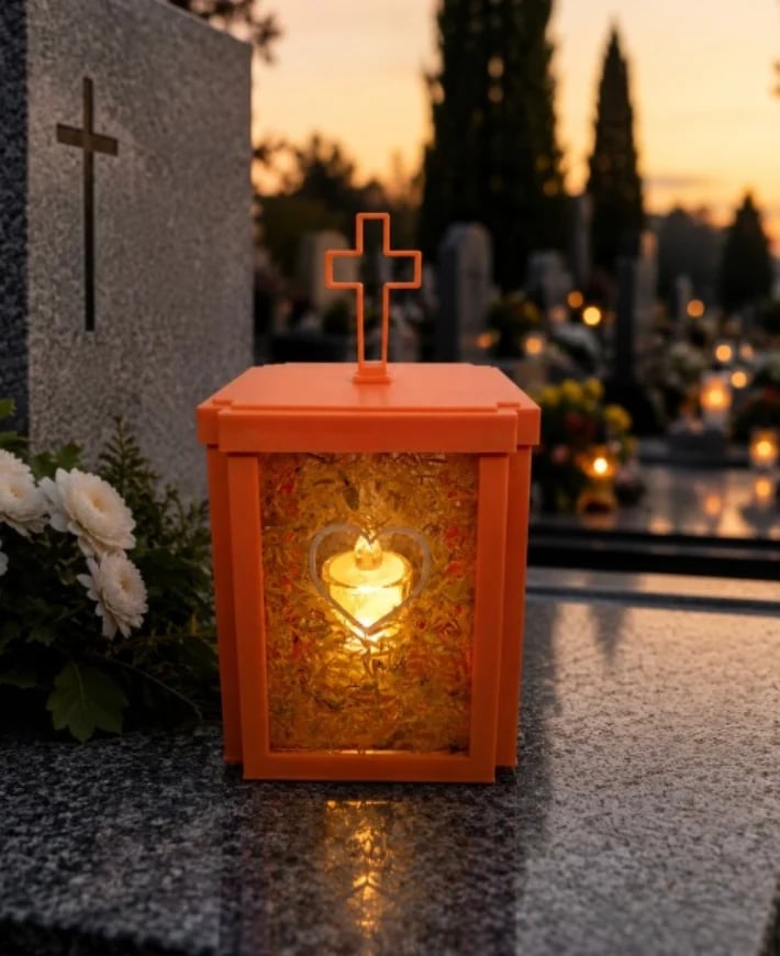 Orange memorial lantern with glowing heart and cross on top at cemetery dusk with grave markers and cypress trees in background