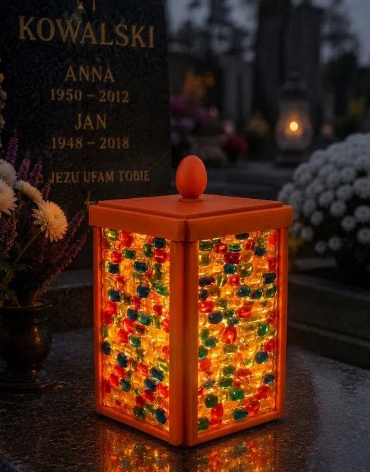 Red glowing memorial lamp with colorful beads beside gravestone with names Kowalski, Anna 1950-2012, Jan 1948-2018