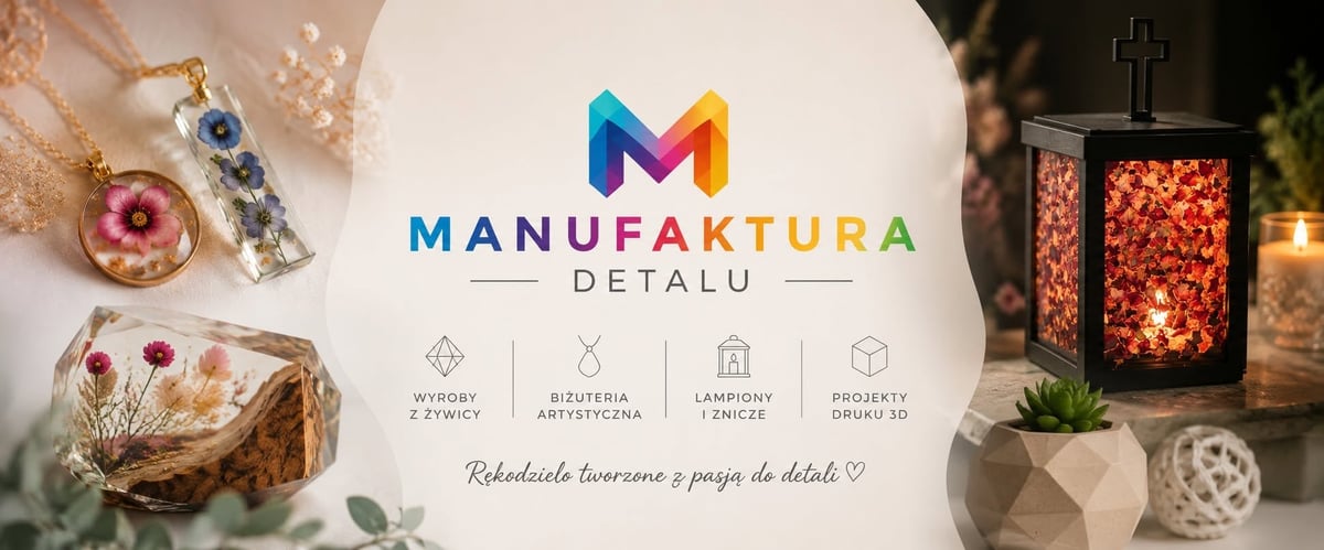 Manufaktura Detalu logo with colorful M design, decorative items, and product displays including ornaments and lanterns
