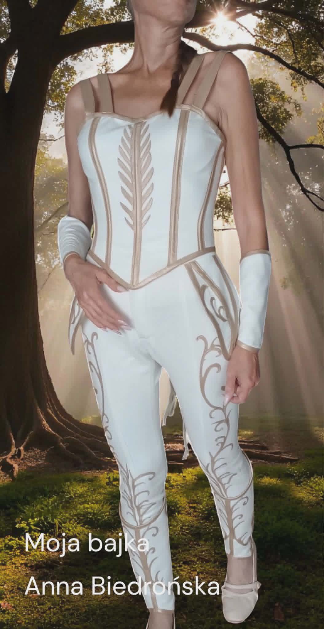 Woman wearing white corset-style top with decorative embroidery and matching pants standing under tree branches outdoors