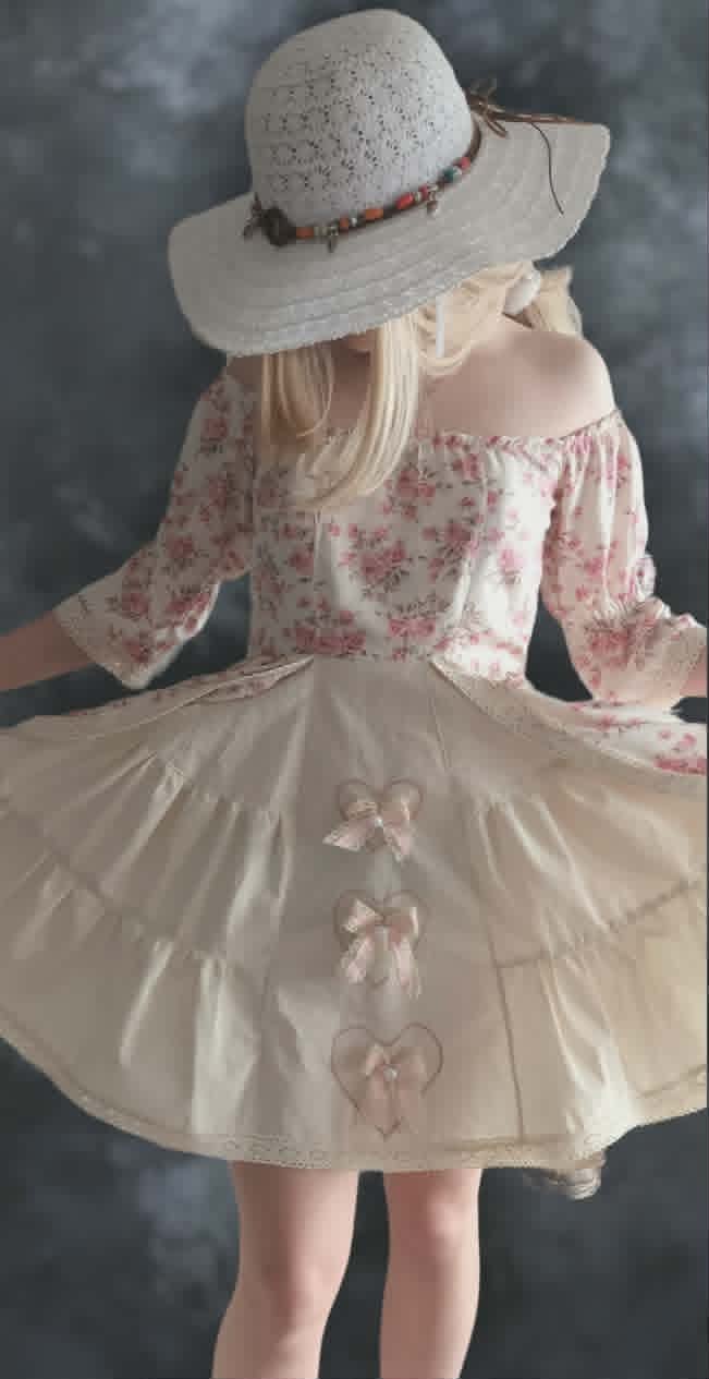 Person wearing a white wide-brimmed hat, pink floral blouse, and cream skirt with heart appliques, viewed from behind against a grey background