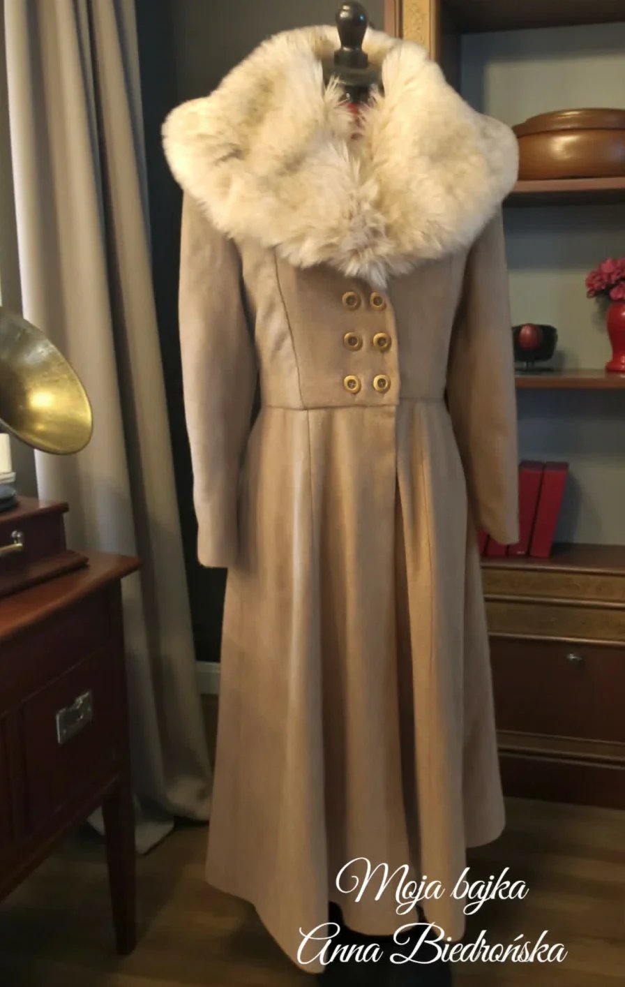 Beige coat on dress form with large white fur collar and double-breasted buttons, displayed in an elegant interior setting