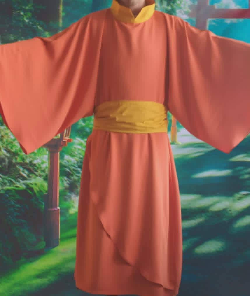 Person wearing an orange-red robe with wide sleeves and a yellow sash, standing in front of a nature backdrop.