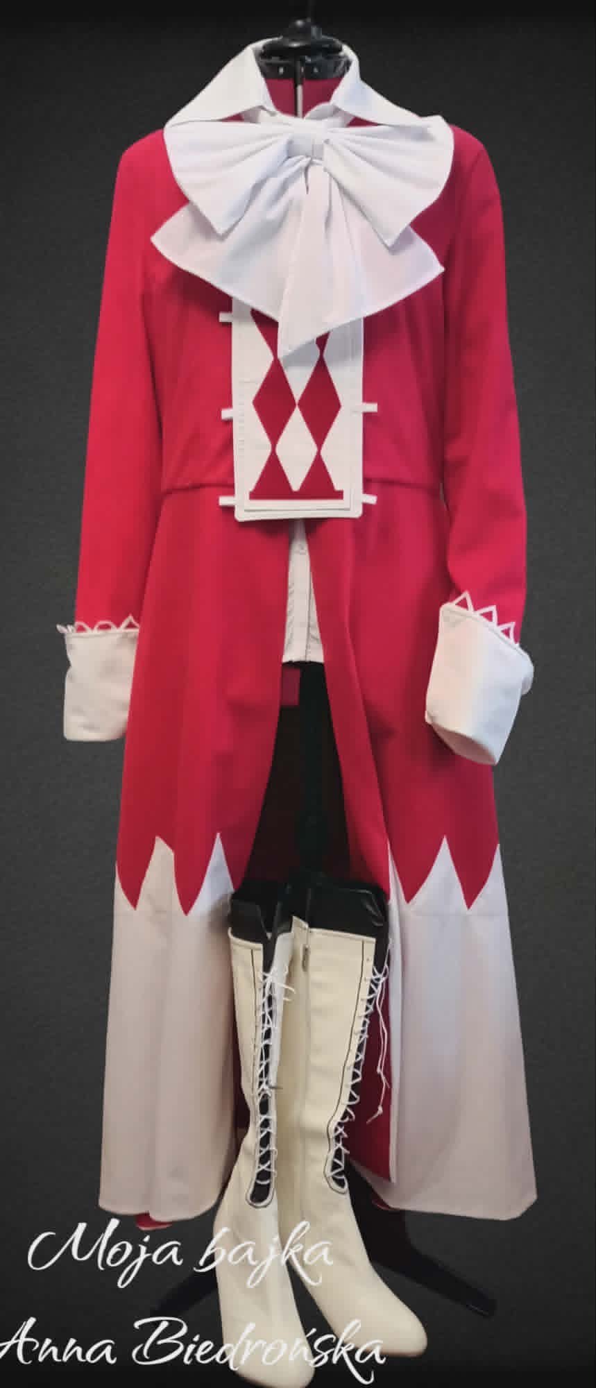 Red and white anime cosplay costume with long coat, large white bow, diamond vest pattern, and cream boots displayed on dress form