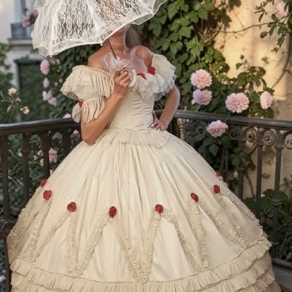 Woman in vintage cream ball gown with red rose details holding white parasol in front of pink roses and climbing ivy