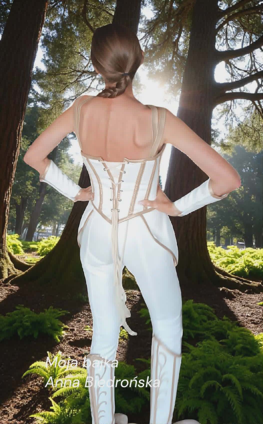 Woman wearing white corset-style bodysuit viewed from behind in a sunlit forest setting