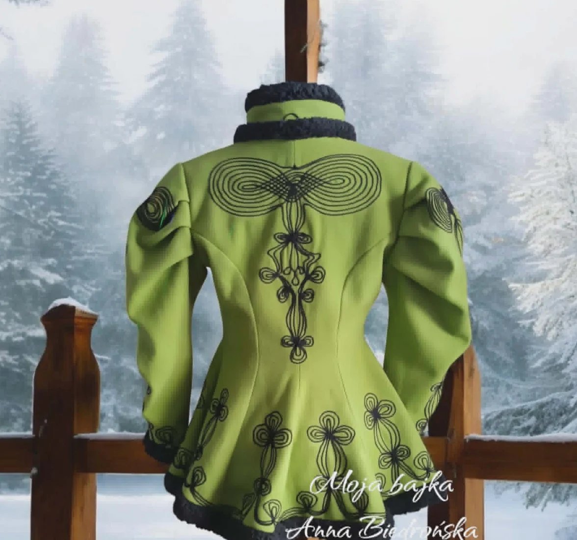 Lime green jacket with ornate black embroidered cross patterns and Celtic designs, displayed on a wooden fence overlooking snowy forest