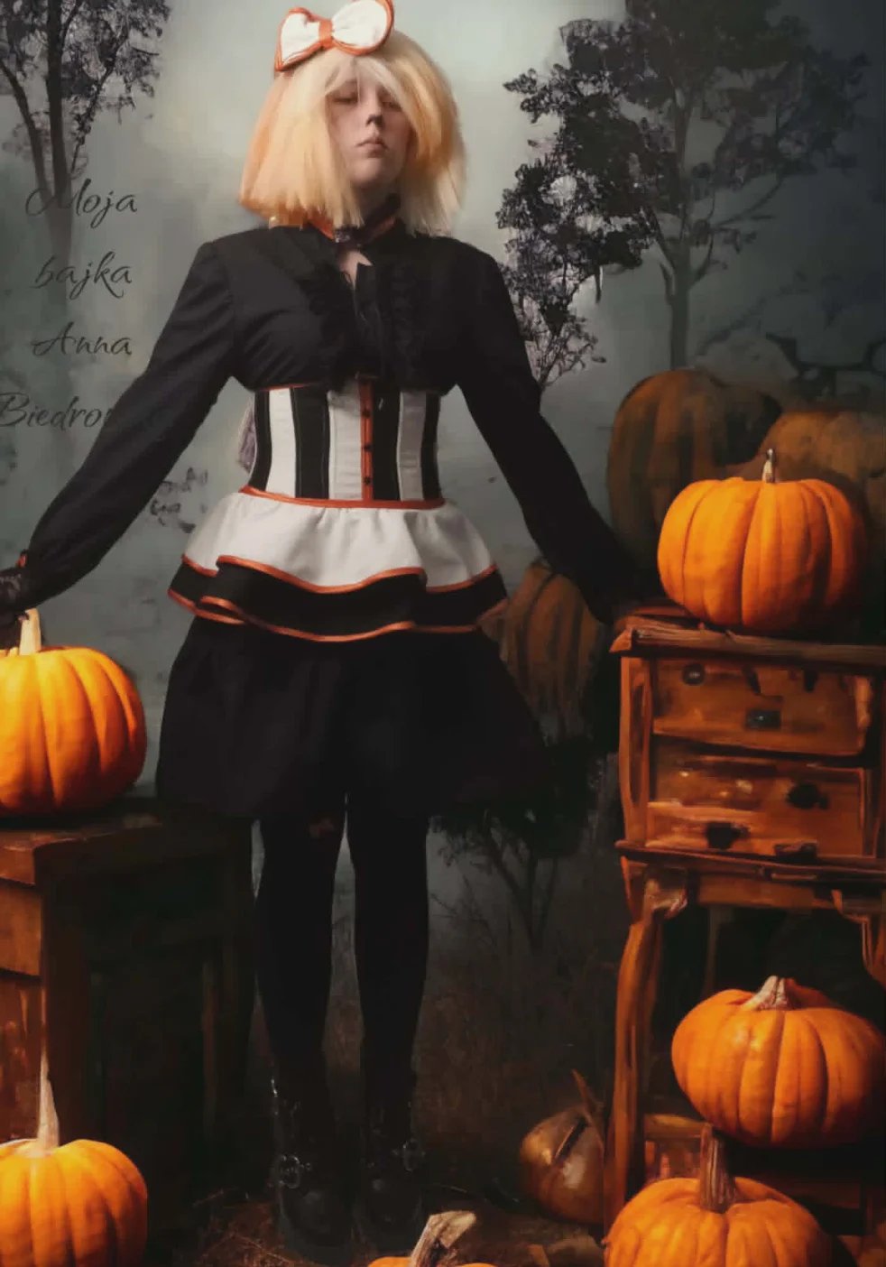 Person in Halloween costume with blonde hair wearing black jacket and striped corset surrounded by pumpkins and vintage furniture