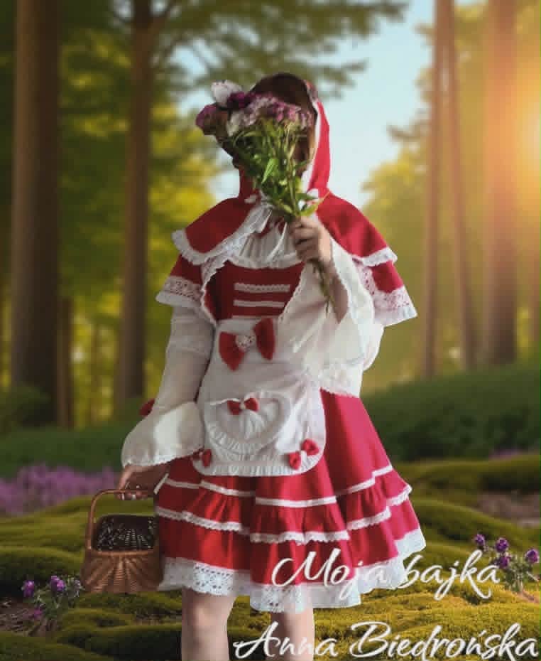 Woman in traditional Polish costume with red and white dress holding vegetables in forest setting at sunset