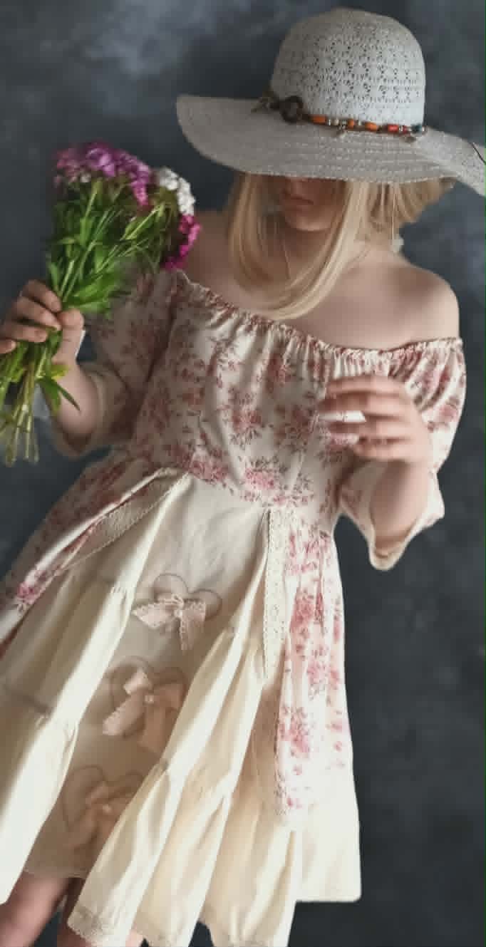 Woman wearing wide-brimmed hat and off-shoulder floral dress holding bouquet of pink and white flowers against gray background