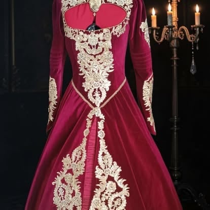 Ornate burgundy velvet gown with intricate cream lace detailing and long sleeves displayed on a dress form against a dark background