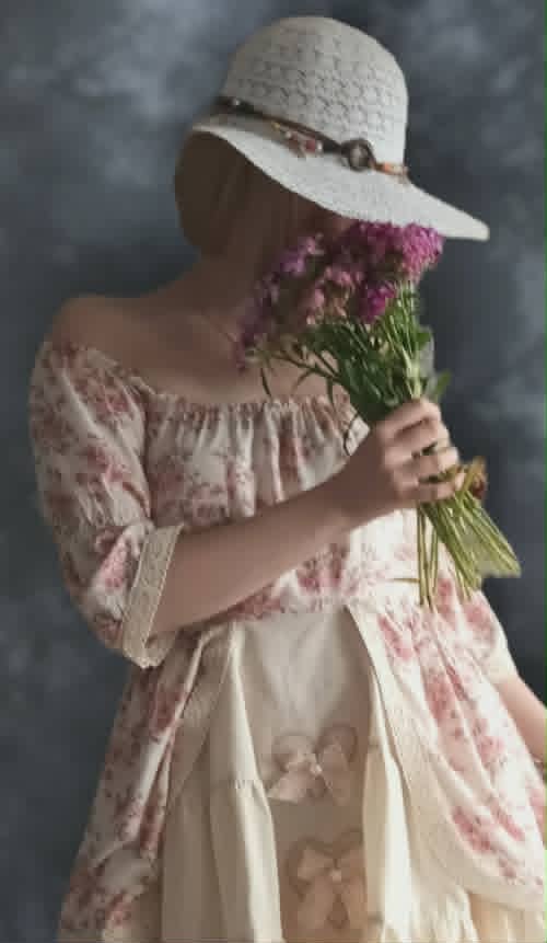 Woman in vintage floral dress and white straw hat holding purple flower bouquet, face obscured by hat and flowers