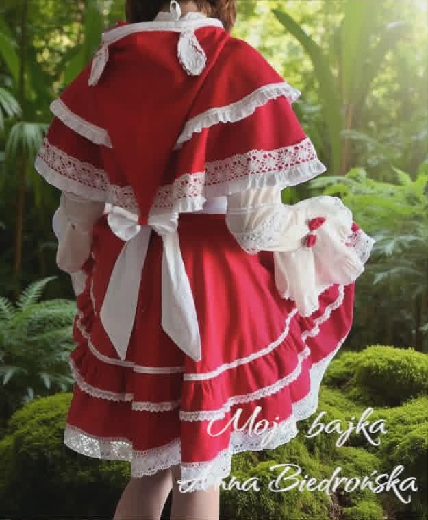 Red velvet dress with white lace trim and ribbon bow, shown from back view in a garden setting
