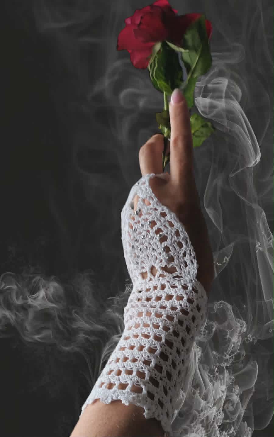 Brides hand in white lace glove holding a red rose with smoky atmospheric background