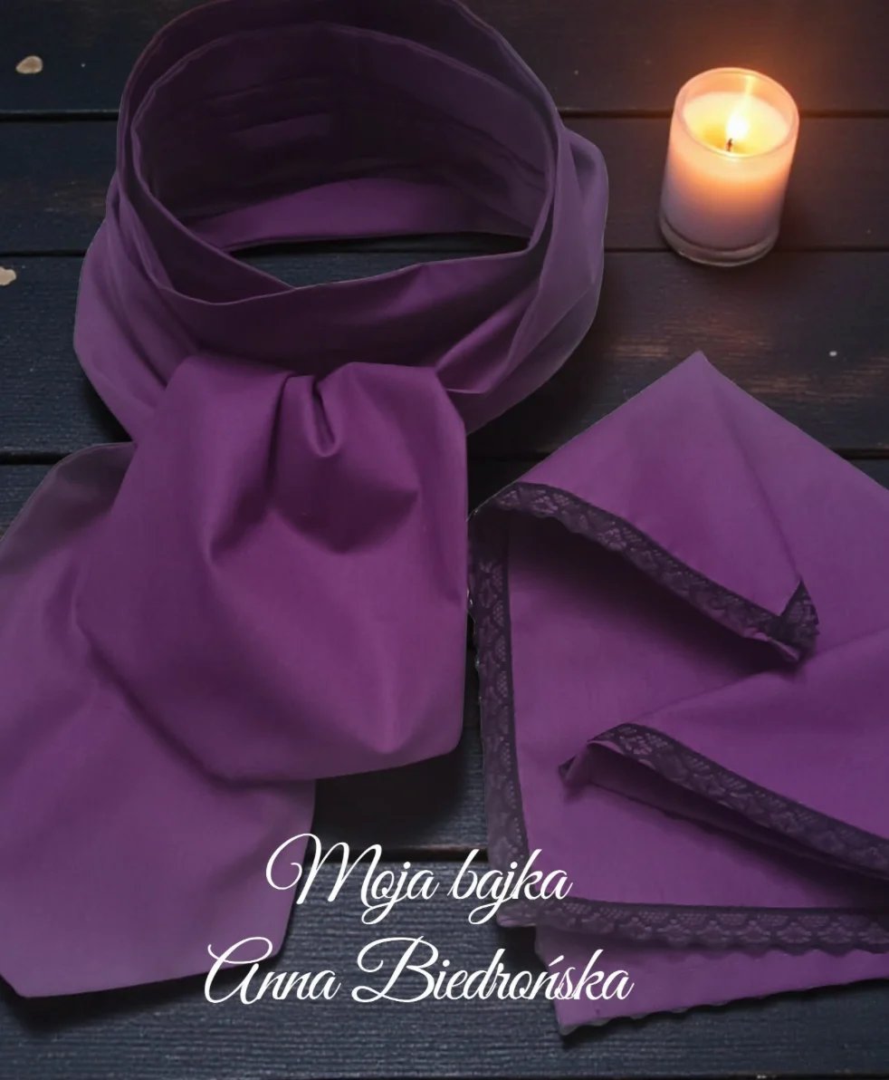 Purple hijab and lace trimmed garment on dark wooden surface with burning candle and text overlay