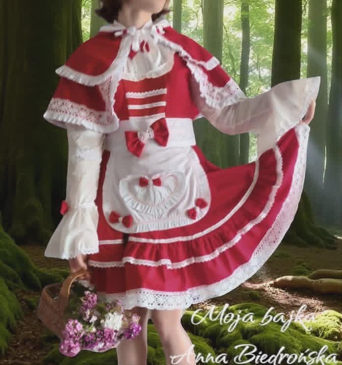 Person in a red and white traditional dress with ruffled collar and cape standing outdoors among trees and flowers