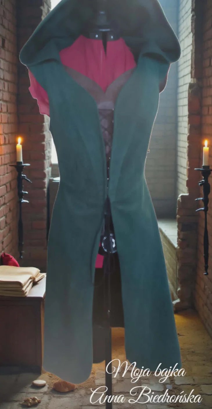 Mannequin wearing a teal hooded cloak with pink heart design in a brick hallway with candlelit ambiance