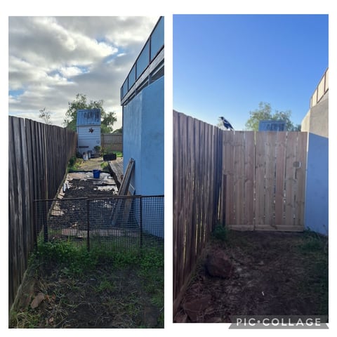 Fence replacement before and after - deteriorated timber fence replaced with new dark wooden fence by Home and Asset Management in Geelong
