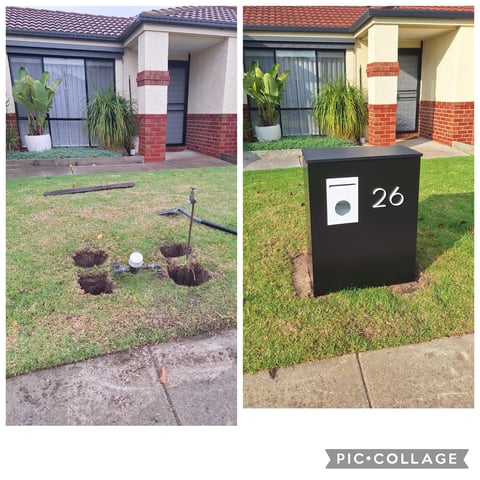 Before and after comparison of a front yard landscaping project showing newly planted trees with mulch and grass, and the finished mailbox installation