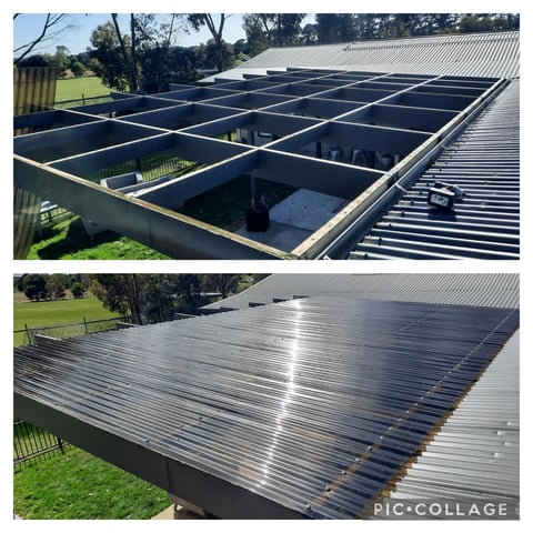 Before and after - outdoor pool area transformed with new laserlight roofing installed by Home and Asset Management in Geelong