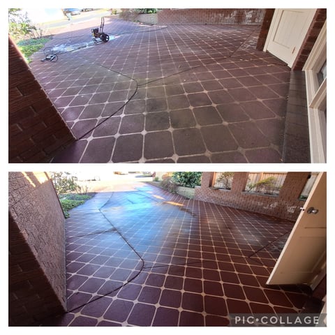 Patio pressure washing before and after - brick pavers transformed from grimy to bright by Geelong handyman