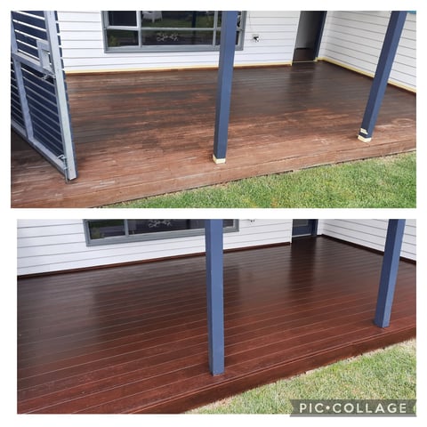 Deck staining before and after - wooden deck restored with darker, richer finish by Geelong handyman