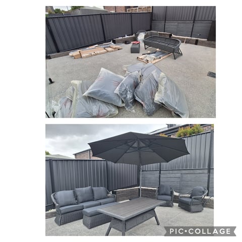 Before and after rooftop patio transformation - construction materials to completed outdoor seating by Geelong handyman
