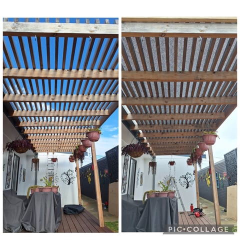 Blue and brown pergola comparison on timber deck - laserlight roofing options installed by Geelong handyman
