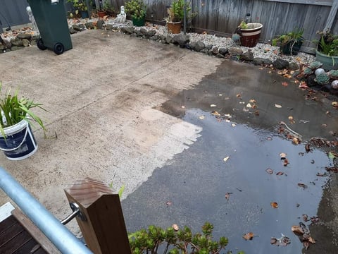 Patio before pressure washing - flooded concrete area with debris and algae build-up, ready for Geelong handyman cleaning