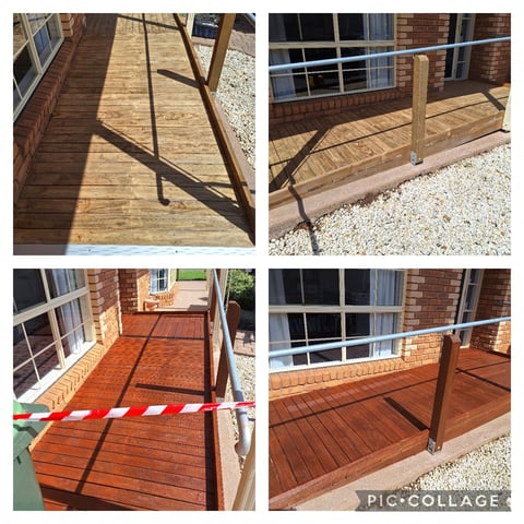 Timber deck restoration collage - four stages of deck maintenance and staining by Geelong handyman on brick home exterior