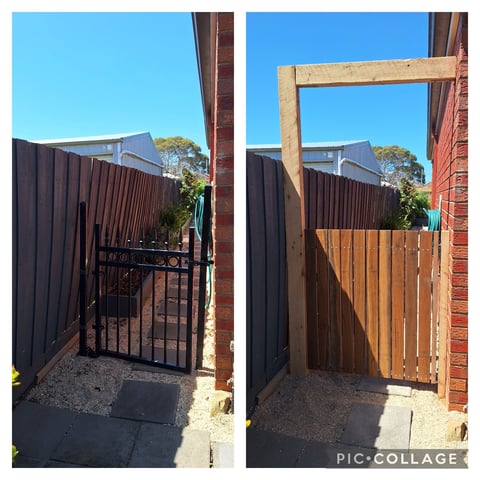 Gate renovation before and after - dark metal gate replaced with new timber frame gate entrance by Home and Asset Management in Geelong
