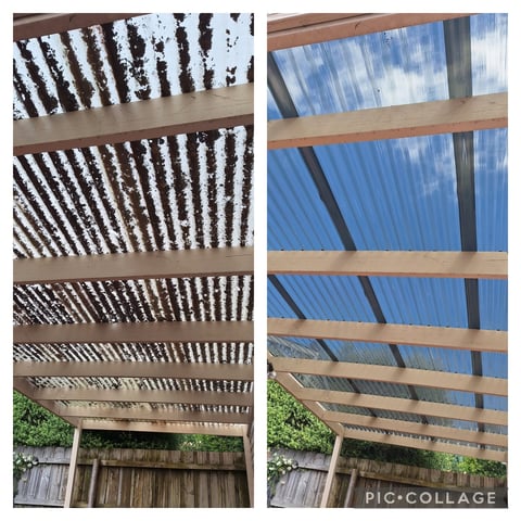 Pergola roof upgrade - before and after showing lattice panels replaced with solid blue corrugated roofing by Geelong handyman