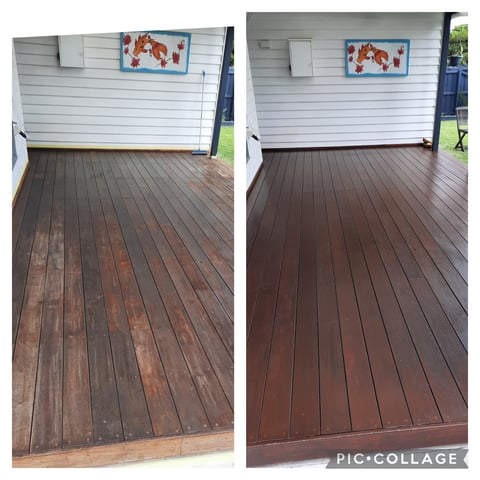 Deck restoration before and after - weathered timber transformed with fresh dark brown stain by Geelong handyman