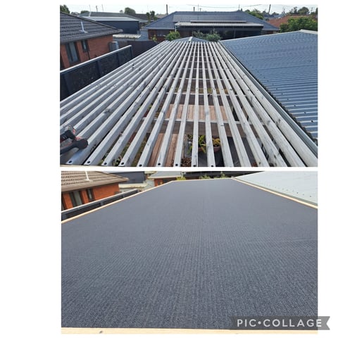 Commercial roofing installation - metal ribbed and dark grey flat roofing surface installed by Geelong handyman