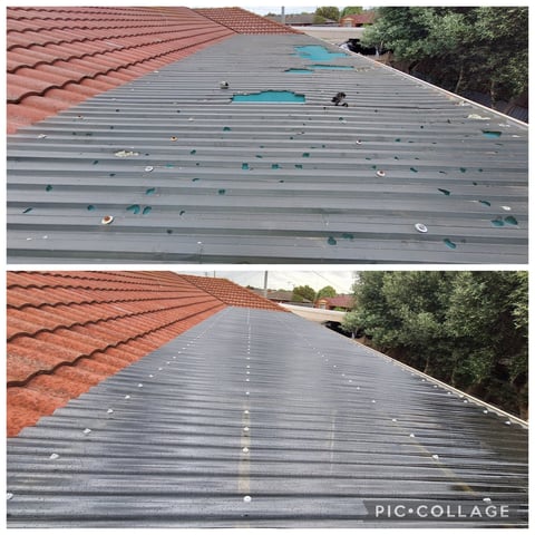 Roof cleaning before and after - metal roof cleared of debris and restored by Geelong handyman pressure washing service