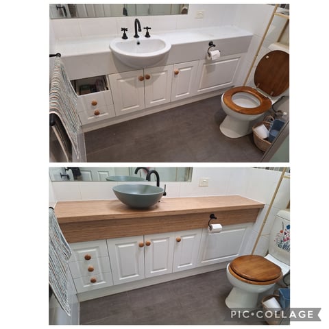 Bathroom vanity renovation - before and after showing new timber countertop with blue vessel sink installed by Geelong handyman