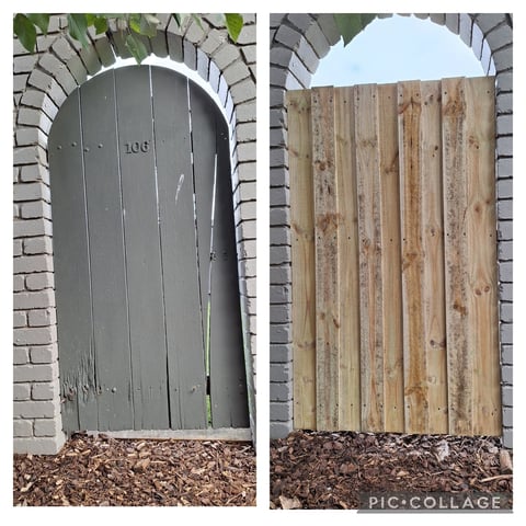 Arched garden gates installed by Home and Asset Management - weathered green timber door and natural wood plank door set in brick walls, Geelong