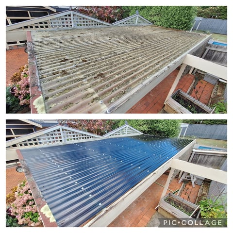 Roof restoration before and after - weathered metal roof cleaned and repainted bright blue by Geelong handyman