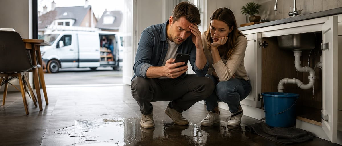 Couple crouching on wet floor examining water damage in home with bucket and damaged cabinetry visible