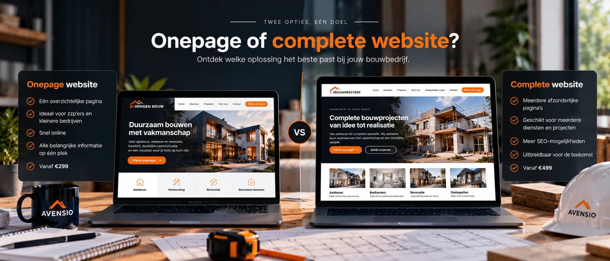 Comparison of one-page vs complete website layouts displayed on laptop and desktop screens with real estate property content