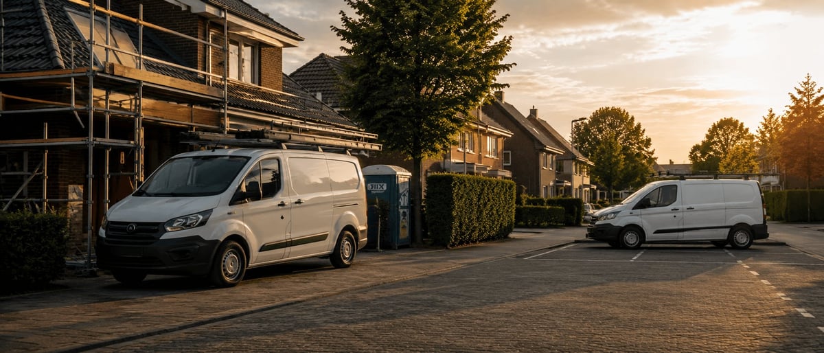 Two white commercial vans parked on a residential street at sunset with houses and trees in background