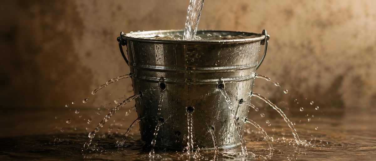 Water pouring into an old metal bucket with holes, splashes leaking out on all sides