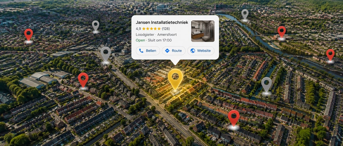 Luchtfoto van een woonwijk met locatiepinnen en een Google Maps Bedrijfsprofiel-kaart voor een loodgieter — lokale zichtbaarheid in Google Maps